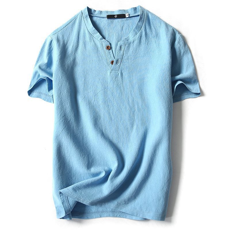Men's Large-Size Chinese Style Casual T-Shirt - Solid Color  Imitation Cotton and Linen Short-Sleeved