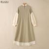 ZANZEA Women Casual Stand Collar Loose Long Sleeve Patchwork Long Dress