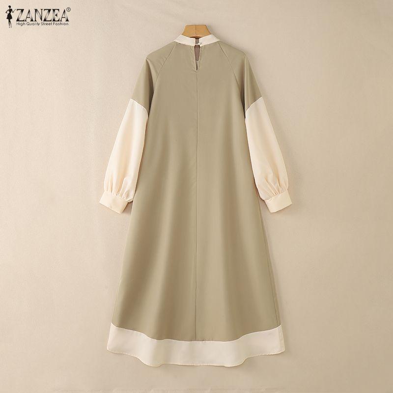 ZANZEA Women Casual Stand Collar Loose Long Sleeve Patchwork Long Dress