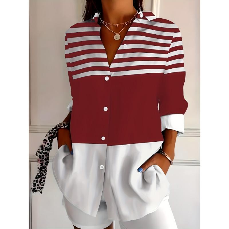 Plus Size, Plus Size Women's Casual Contrast Stripe Print Shirt