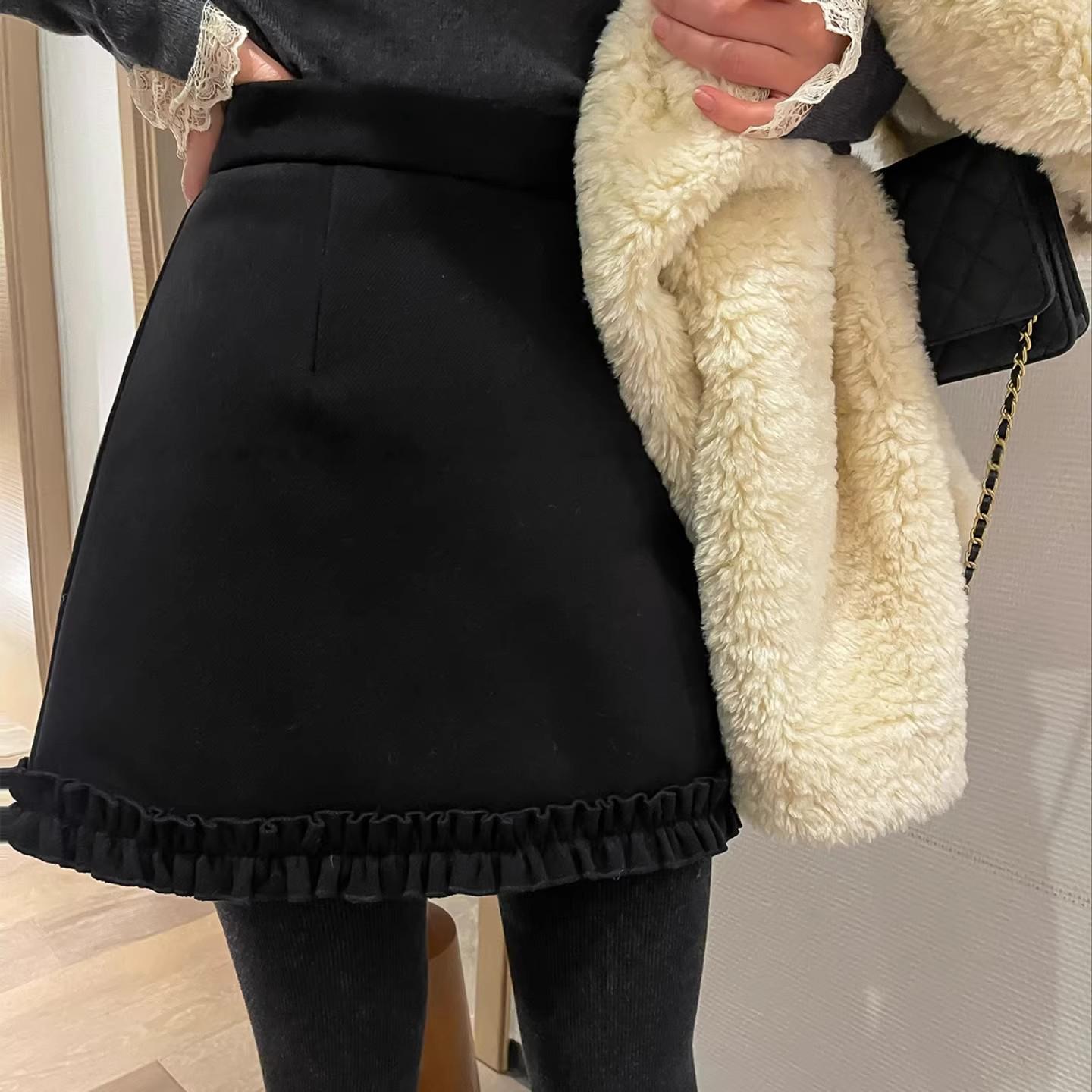

Gray Ruffle High-Waist Wool A-Line Mini Skirt - Autumn/Winter Women s Anti-Exposure Skirt XL [Recommended 118-128 lbs]