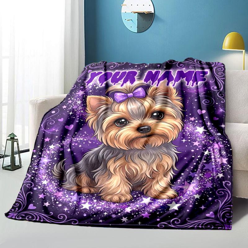 1PC Custom Name Purple Starry Yorkie flannel blanket versatile,all-season throw suitable for the living room,bedroom,camping,travel,and gift