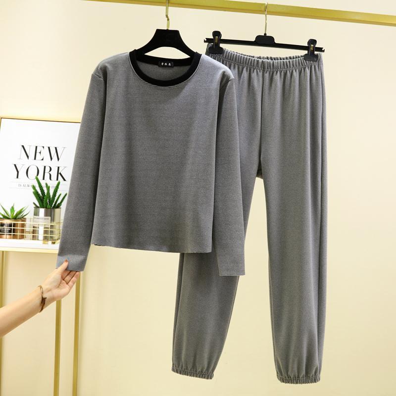 Casual Loose Two-piece Black and White Striped Home Clothes Plus Velvet and Thickened Women's Suit That Can Be Worn Outside