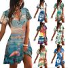 Women's Casual Short Sleeve Dress V Neck Hawaiian Print Summer Beachwear Lightweight Comfortable Fit Above Knee Length