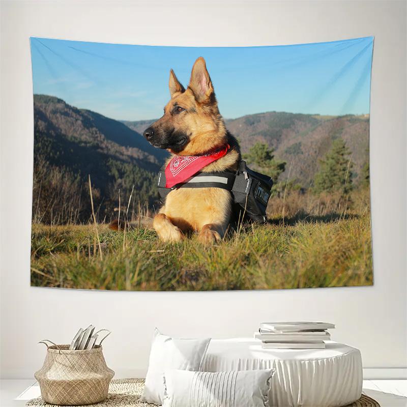 German Shepherd Dog With Red Bandana Mountain Scenery Wall Tapestry Machine Washable All SeasonPrint Realistic AnimalDesignHome