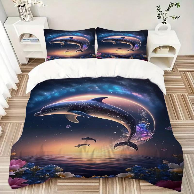 3pcs Anime Dolphin Bedding Set - Includes One Quilt Cover and Two Pillowcases (No Core) - Polyester Fabric, Perfect for Bedroom and Guest Ro
