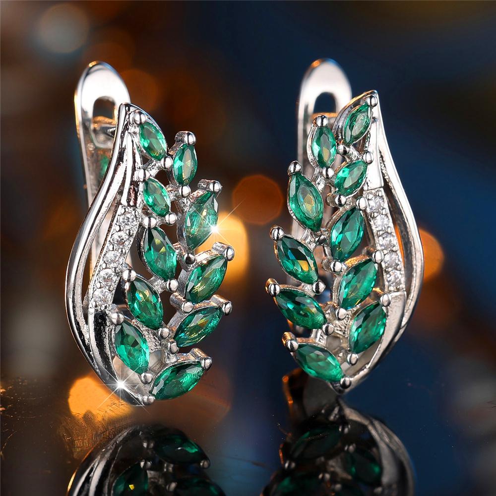 Cute Female Green Crystal Zircon Wheat Hoop Earrings For Women Silver Gold Color Wedding Jewelry