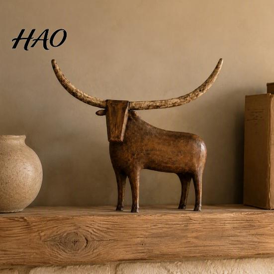Distressed Wood Animal Sculpture Vintage Longhorn Bull/Sheep Sculpture, Rustic Farmhouse Figurine, Western Style Unique for Mantelpiece Decorative