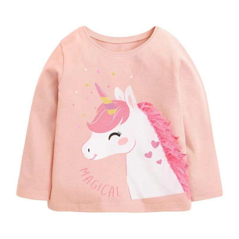 Girl Long Sleeves T-shirt Baby Unicorn T-shirt Tops Children's Autumn Clothing Baby Pure Cotton Light Blue Bottoming Shirt 8