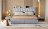 Cama Estofada 160*200 cm, Mesa de Cabeceira com Porta de Carregamento USB e Prateleira, Cama de Casal Plana com 4 Gavetas, Tecido de Linho Cinza