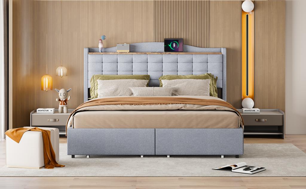 Cama Estofada 160*200 cm, Mesa de Cabeceira com Porta de Carregamento USB e Prateleira, Cama de Casal Plana com 4 Gavetas, Tecido de Linho Cinza