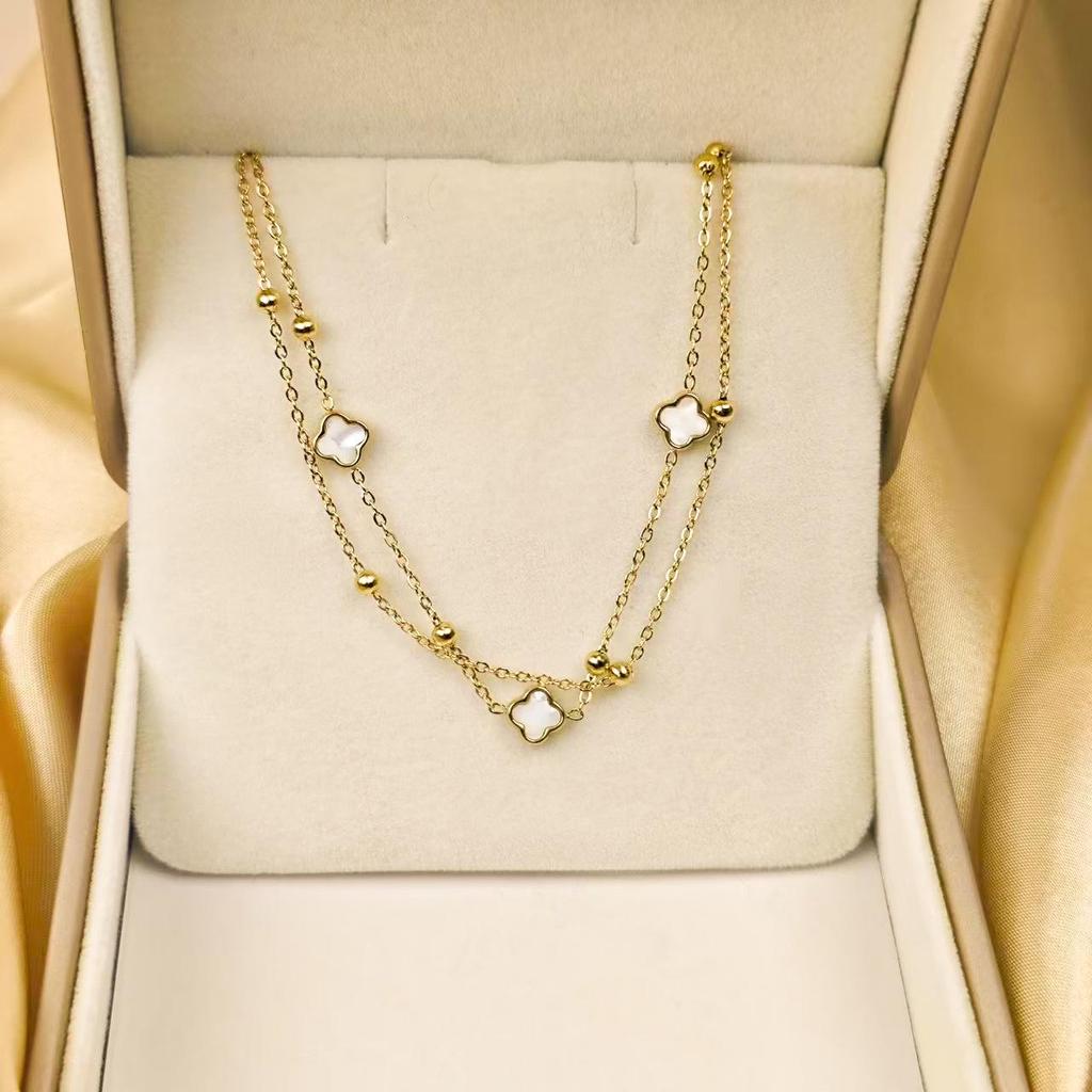 Four-Leaf Clover Double-Layer Titanium Steel Bracelet - Versatile High-End Fashion Jewelry