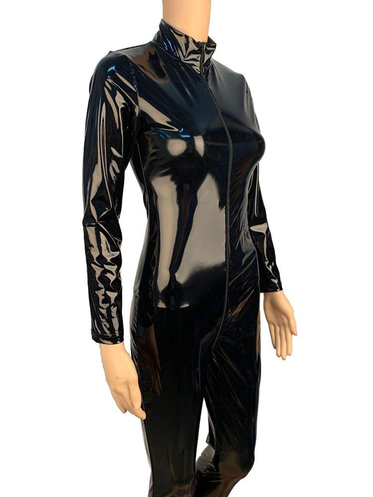 S-5XL Unisex Nasse Optik Lackleder Catsuit Funkelndes PU Synthetikleder Zwei-Wege-Reißverschluss Offener Schritt Stil Alles in Einem Dehnbares Stoffstrumpfhose Kostüm