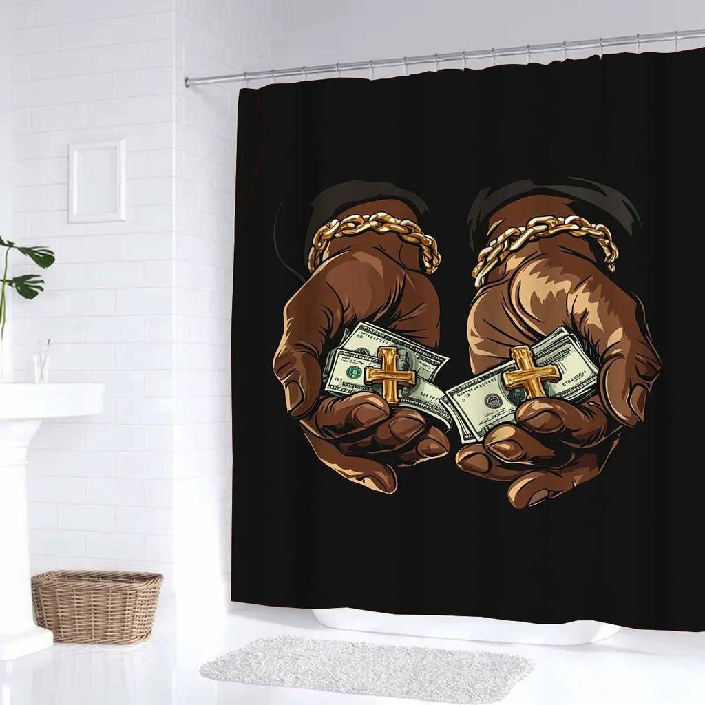1Pc Shower Curtain With Dollar Bills And Cross Pendant In Hand, With 12 Plastic Hooks, Polyester Fabric, Machine Washable, Bathr