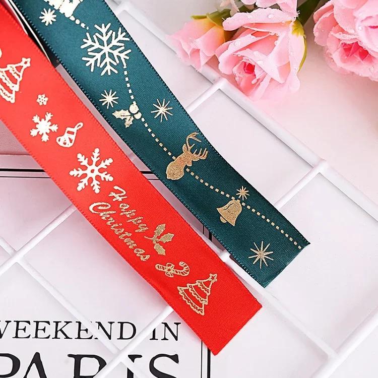 25Yards25Mm Polyester Ribbon Bronzing Ribbon Printed Christmas Ribbon For Christmas Decoration Diy Sewing Fabric
