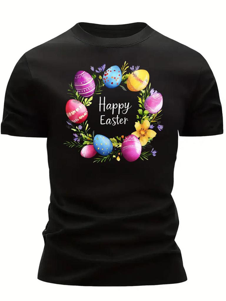 Men'S Easter Egg Wreath T-Shirt with Happy Easter Slogan Print - Short Sleeve Crew Neck Casual Summe
