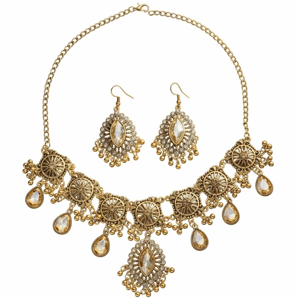 Metal Necklace Earrings Set Bohemia Style Ethnic Style Necklace Set Rhinestone Jewelry Set Women