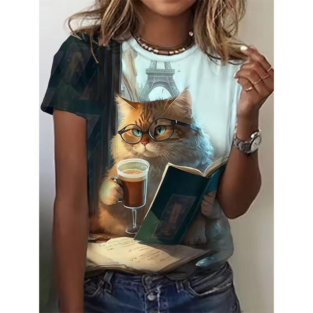 Ladies Summer Fun Cat Printed Large Loose Casual T-shirt Fashionable Comfortable Soft Breathable Short Sleeved T-shirt