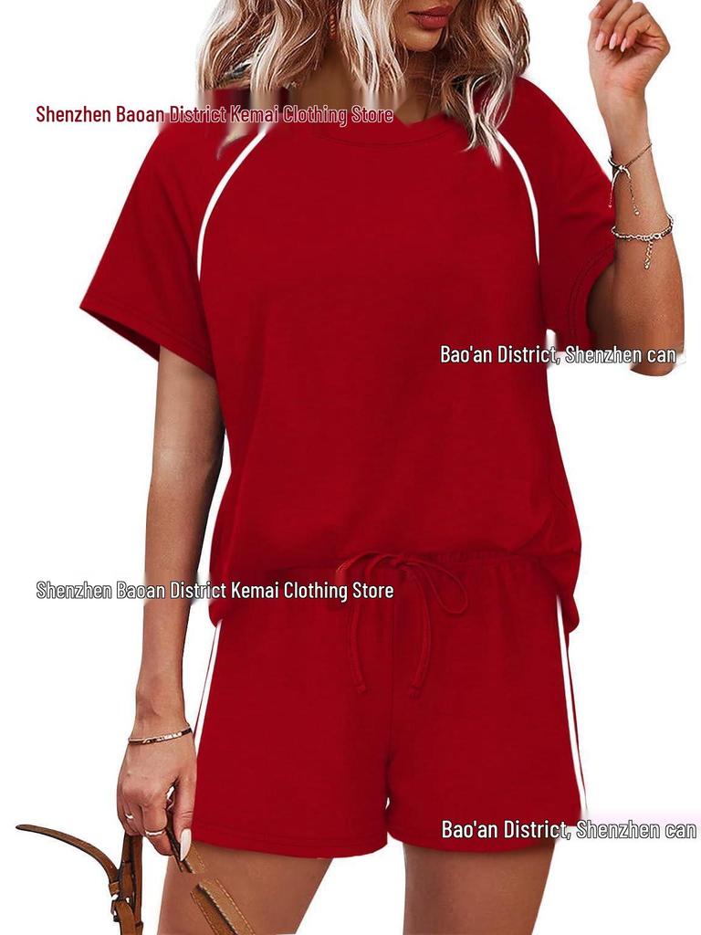 2026 Spring/Summer Women's Stretch Sport Casual Two-Piece Set - Round Neck Short Sleeve Top & Shorts