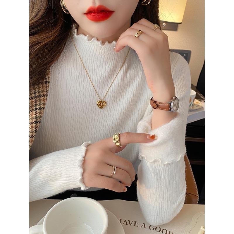 Semi-turtleneck bottoming shirt women's autumn and winter fleece thickened integrated fleece sweater lace fungus edge with knitted sweater top
