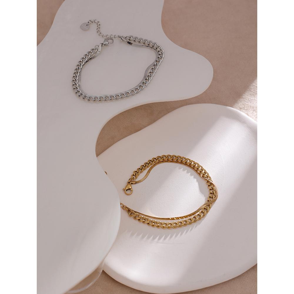 Yhpup Stainless Steel Double Layered Chain Bangle Bracelet Trendy Golden Stylish Unique Design Jewelry Female Party Men Gift