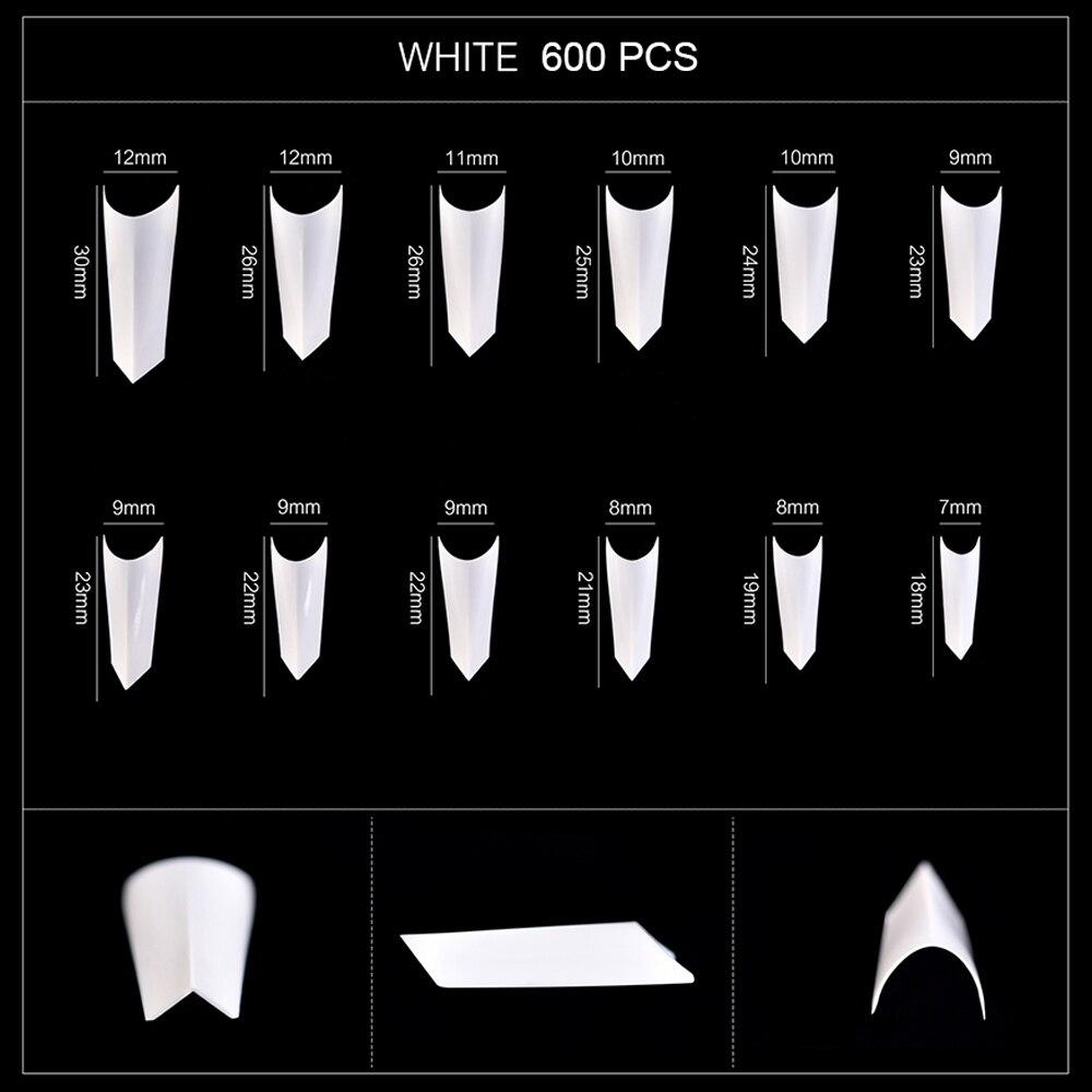 kads 600 buc Vârfuri pentru unghii false cu jumătate de acoperire ascuțite, alb, natură, 12 dimensiuni, instrumente pentru arta unghiilor, manichiură, unghii false