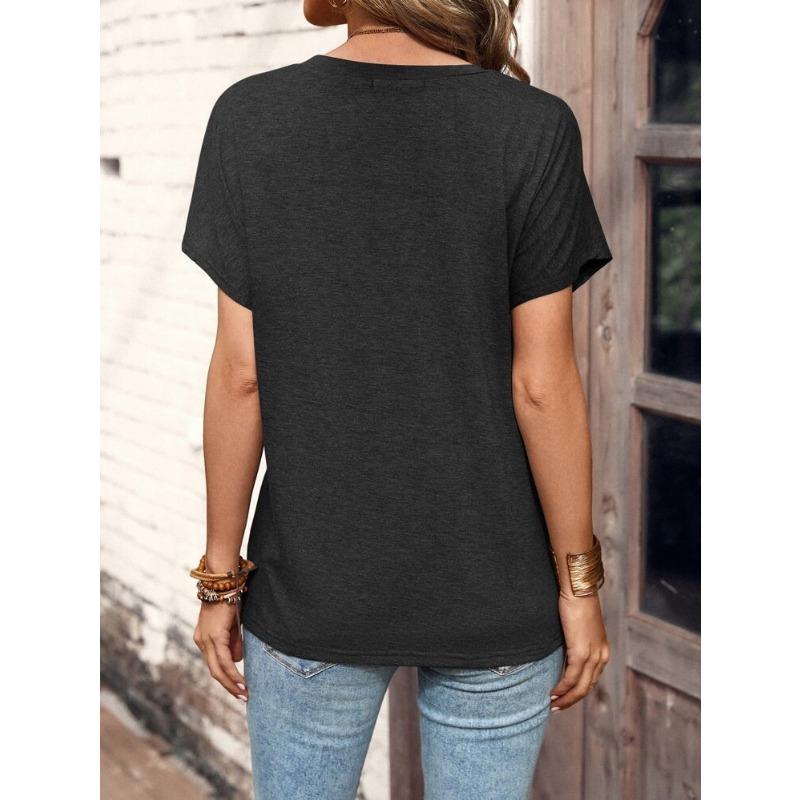 Women S Short Sleeve V Neck Solid Button T Shirt Casual