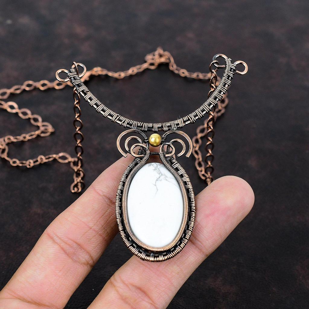 Howlite Necklace Copper Wire Wrapped Necklace Handmade Gemstone Jewelry Adjustable Necklace Copper Wire Wrapped Jewelry Gift For Anniversary