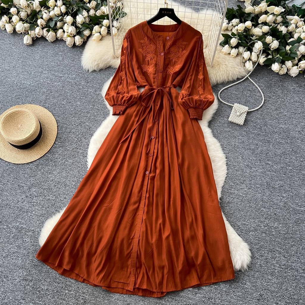 Vintage Elegant Embroidered Button Dress A-line Chic Casual Beach Vacation Women Summer Dresses