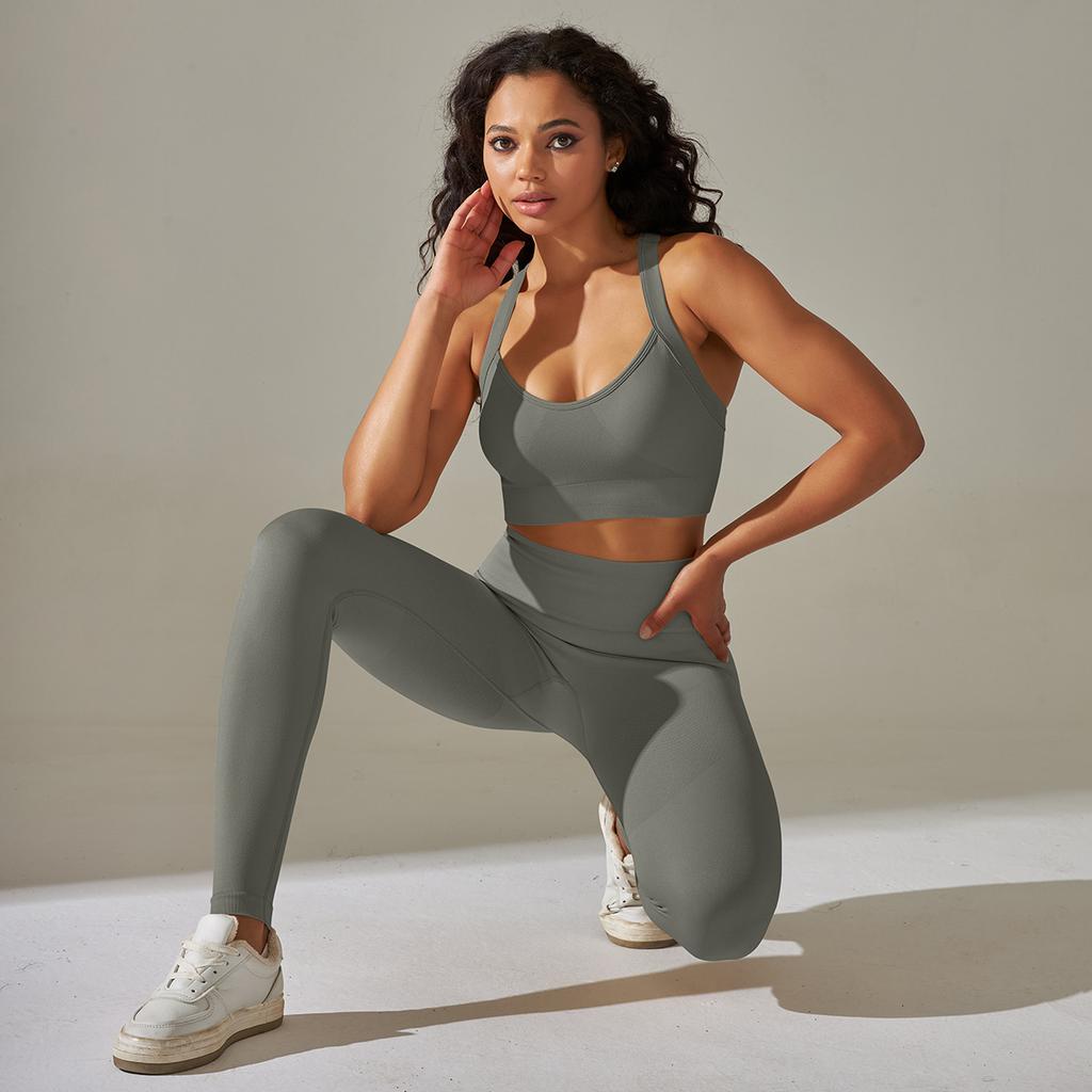 Seamless Knitted Solid Color Cross Back Tight Yoga Suit Set For Sports Running And Fitness Nine Leg Pants