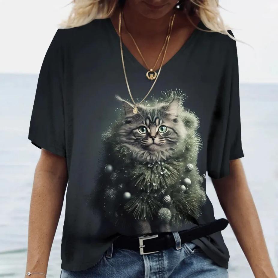Fashion Women's T-shirt Cat Printed Short Sleeve Tees Ladies T Shirt Oversized V-neck Tops Animal Women Clothing Shirt