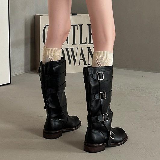 Fashion Versatile Retro Belt Buckle Medium Boots Women's Autumn and Winter 2025 New Belt Buckle Heightening Fashion Boots Tide