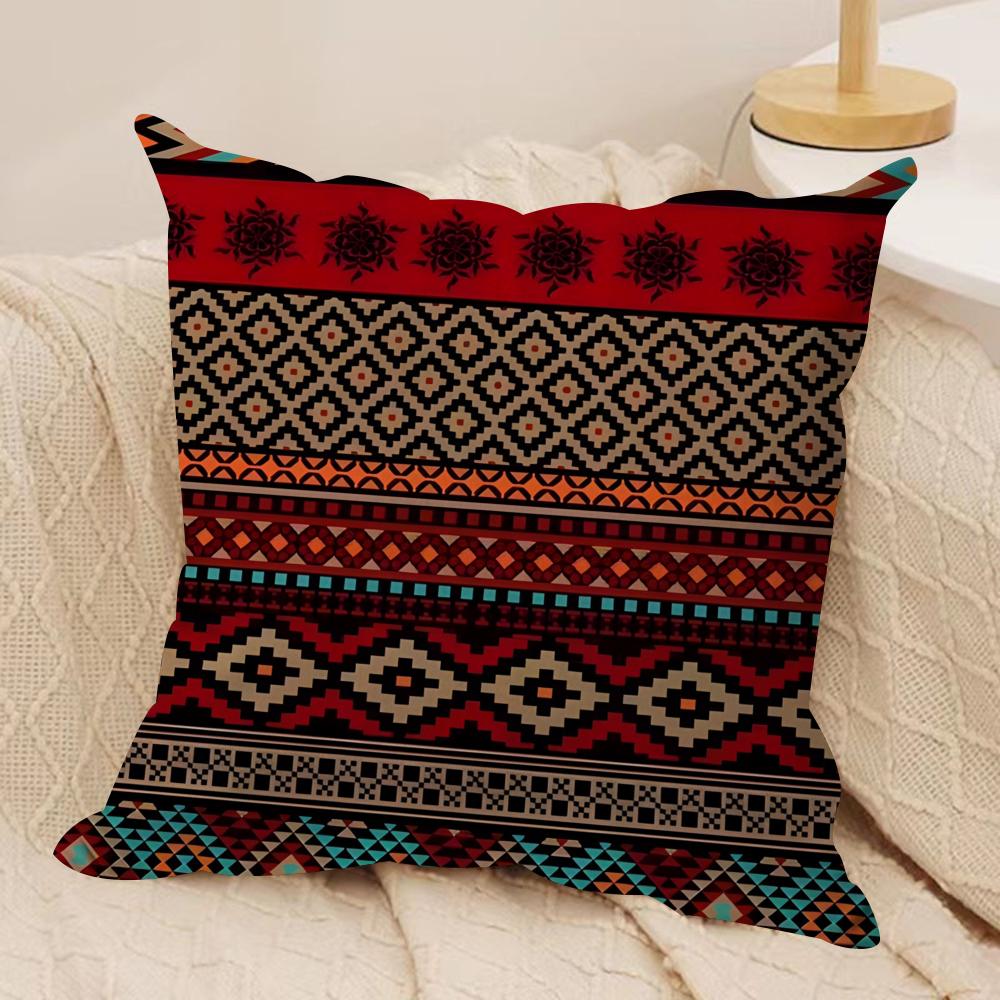 Red Ethnic Style Shading Cushion Cover Soft Plush Fabric DoubleSided Printed Sofa Cushion Cover for All Seasons Home Decor Gift