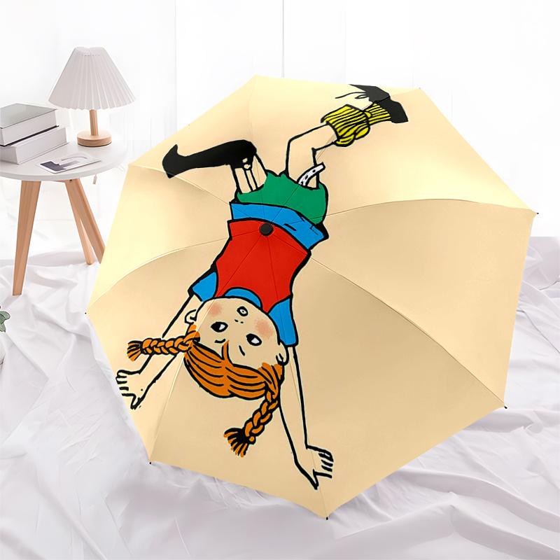 Pippi Longstocking Themed Travel Umbrella-8 Ribs Automatic Opening and Closing, Portable Folding Design, Compact and Stylish Umbrella Suitab