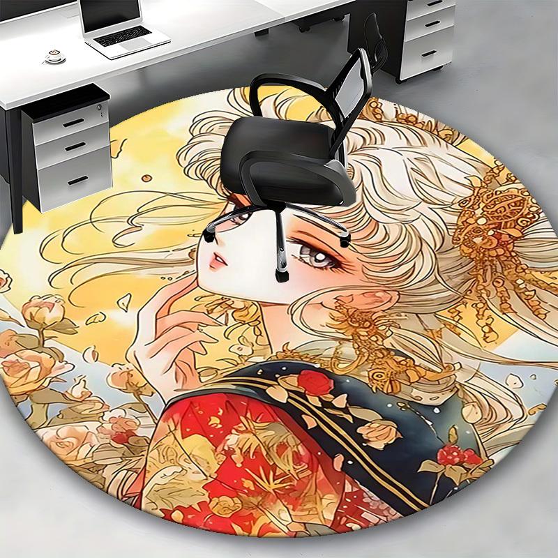 1pc Anime Design Round Carpet Office Chair Mat, Non Slip Rug with Floral Patterns for Home Decor, All Seasons