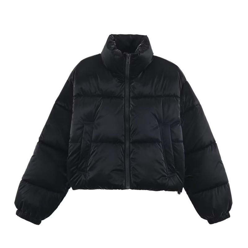 Womens Winter Short Cotton Puffer Jacket Stand Collar Long Sleeve Loose Fit Street Style