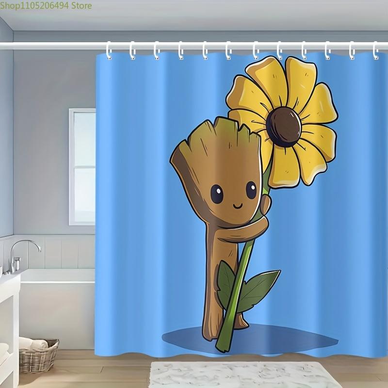 

1pc Groot Shower Curtain with Hook, Cartoon Pattern, Polyester Material, Bathroom Partition, Room Decor, Home Decor, Machine W 90x180cm