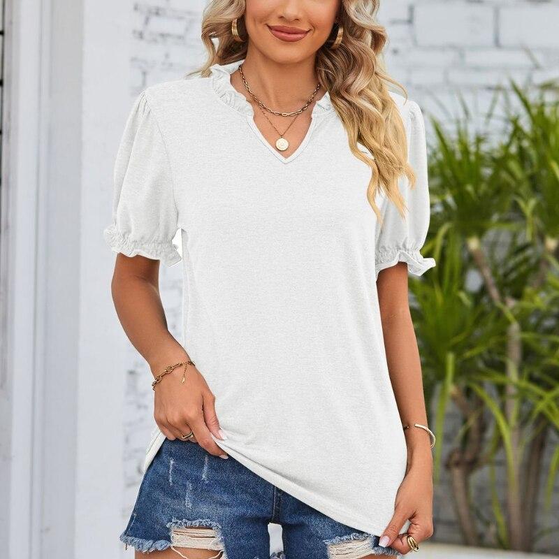 Summer Fashion V-Neck Tops Sweet Casual Shirt 2023 Puff Short Sleeve Blouse Female Loose Elegant Shirt Women Mujer 26031
