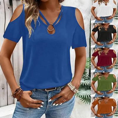 2025 Women's Solid Color V-Neck Off-Shoulder Short Sleeve Loose T-Shirt