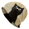 A Street-Style Knitted Hat Featuring a Cat Theme - Adorable Black Cats And Heart Patterns, Made from Durable Knitted Fabric, Comfortable And Stretchy