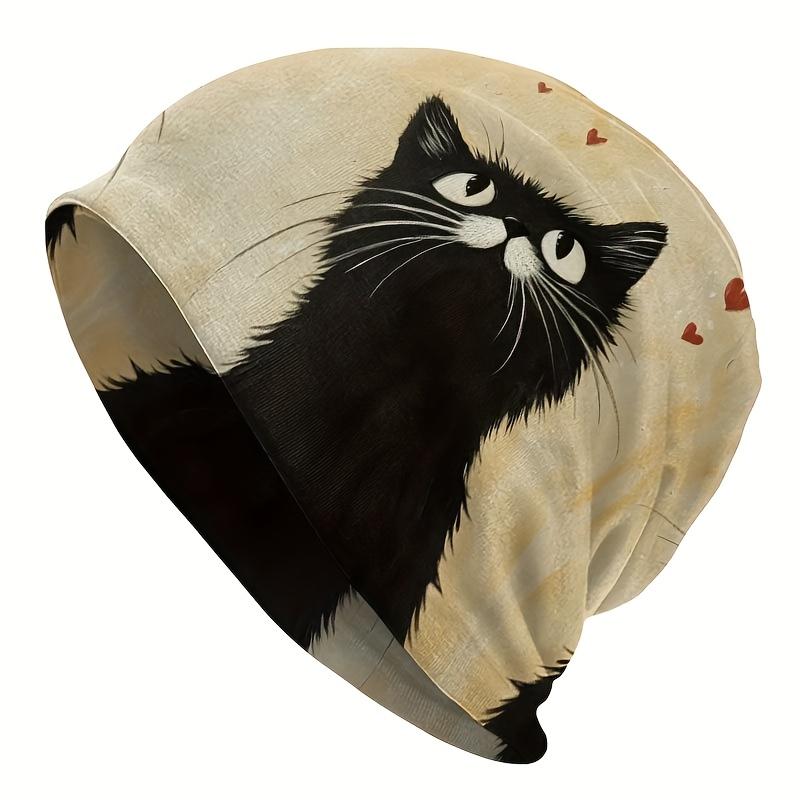 A Street-Style Knitted Hat Featuring a Cat Theme - Adorable Black Cats And Heart Patterns, Made from Durable Knitted Fabric, Comfortable And Stretchy