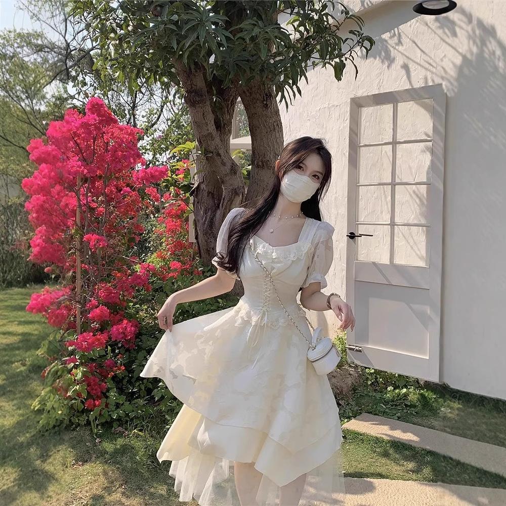 Summer New Design Short-sleeved Dress Women's French Niche Waist Coffee Break Long Dress Sweet Long Skirt