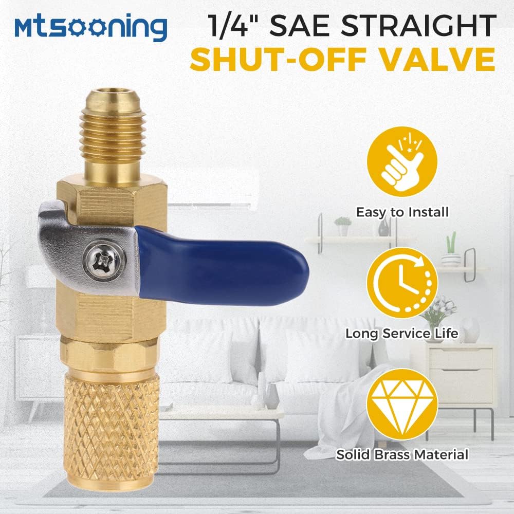 Mtsooning Air Conditioner Ball Valve 1/4" SAE Adapter Straight Refrigerant Valve Replacement for R134a R22 R12 R410a Charging Hoses A/C HVAC