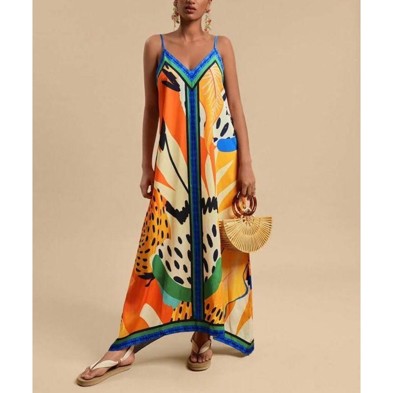 

European and American Summer New Women clothes Fashion V-neck Sling Long dress Holiday Style Dress Women Image color S