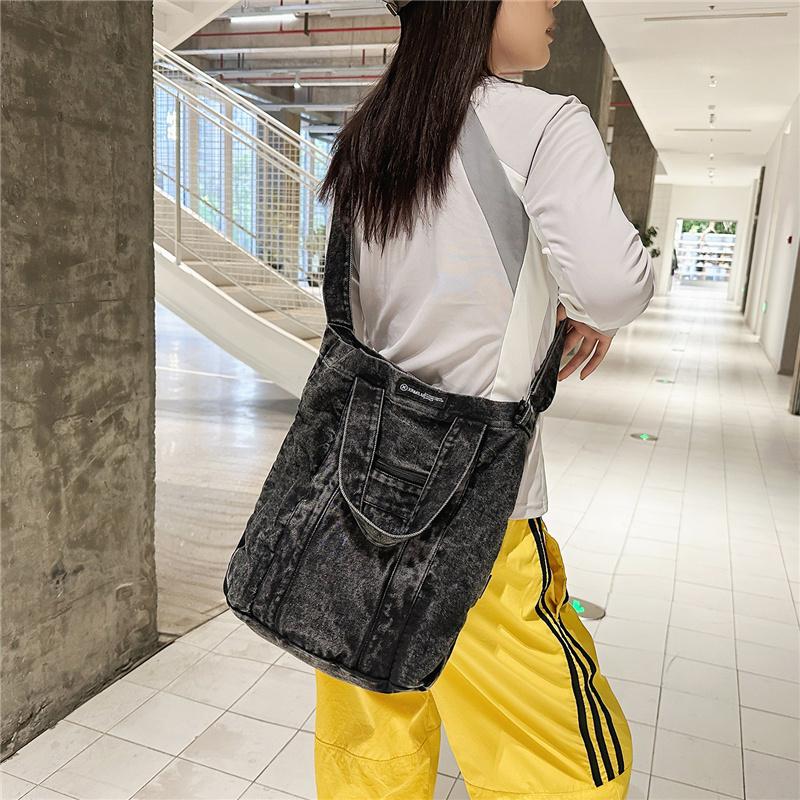 Large Capacity Denim Bag Retro Tote Bag Commuter Student Class Shoulder Crossbody Bag