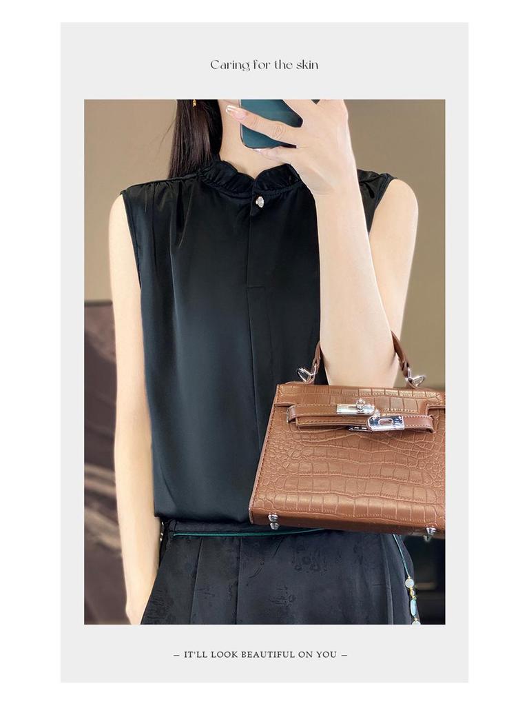 Wood Ear Lace Collar Silky Satin Sleeveless Slimming Vest for Women - Spring/Summer Temperament Shirt