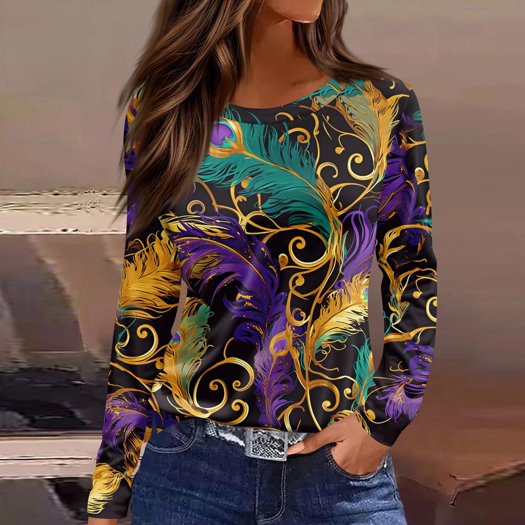 Damenmode Lässig Schlitzsaum Rundhals Langarm Locker Bedrucktes T-Shirt Top