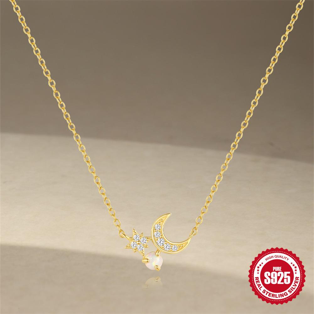S925 Sterling Silver French Light Luxury Hexagram Moon Opal Necklace Vintage Star Moon Creative Necklace