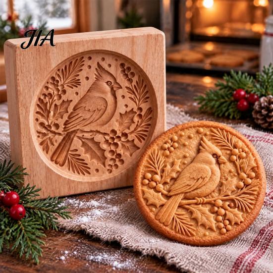 Christmas Baking Supplies Woodland Animal Cookie Mold, Wooden Biscuit Stamps, Scene 3D Red Party Snack Decoration Bird Elk Dachshund Cutter Embossing