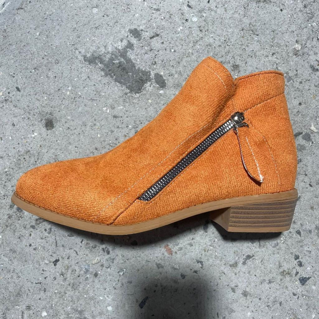 Women's Shoes, Women's Boots, Suede, Round Toe, Side Zipper, Thick Heel, Leather Boots, Women's Short Boots